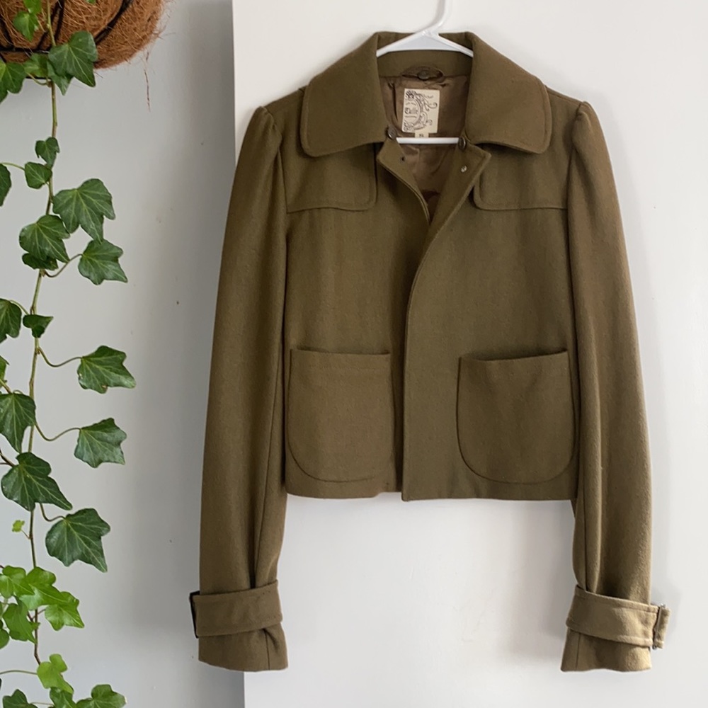 Tulle Olive Green Cropped Wool Blend Jacket